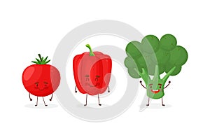 Cute fruit and vegetable cartoon characters isolated on white background vector illustration. Funny broccoli, tomato