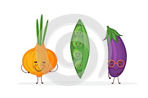 Cute fruit and vegetable cartoon characters isolated on white background vector illustration. Funny onion, pea