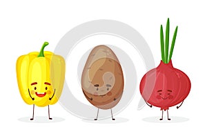 Cute fruit and vegetable cartoon characters isolated on white background vector illustration. Funny onion, potato