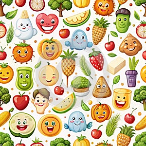 Cute fruit and vegetable characters, seamless pattern
