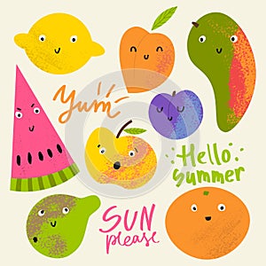 Cute fruits set. Summer cartoon characters with emotions: watermelon, pear, orange, apple with eyes.