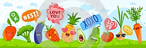 Cute fruits, vegetables, fanny food, colorful set smiling icons, happy cartoon characters, design flat style, vector