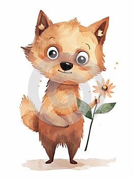 Cute full body drawing of funny puppy fox which holds a flower. Watercolor paintings