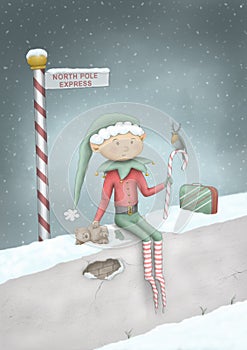 Cute full color hand drawn Christmas illustration of elf sitting on wall in snow at North Pole Express sign post, with teddy bear,