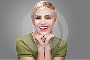 Cute fun bubbly adorable personality modern young fresh pixie haircut perfect teeth smile