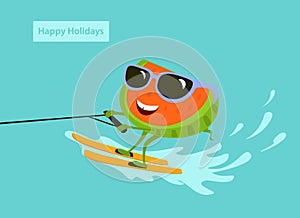 Cute fun cartoon watermelon water skiing on vacation