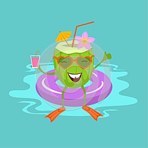 Cute fun green cartoon coconut on vacation swimming in float in the see