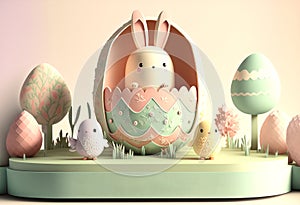 A cute fun kirigami bunny character inside an egg, Happy Easter Theme, AI Generative illustration