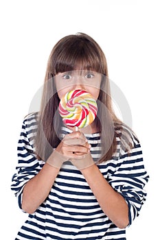 Cute fun little girl holding big lolly pop