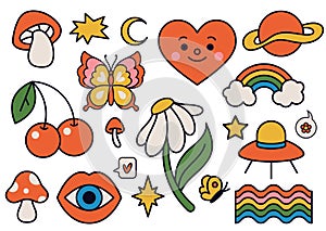 Cute funky hippy stickers. Retro 70s vibe, psychedelic groovy elements as mushroom, flower, rainbow and ufo