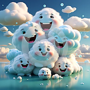 Cute Funny 3D Clouds Smiling and Playing in White and Pink Sky