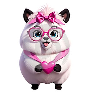 Cute funny 3D lamma, alpaca in pink heart-shaped glasses