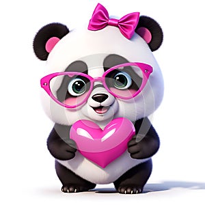 Cute funny 3D Malish panda, alpaca in pink heart-shaped glasses with pink bows