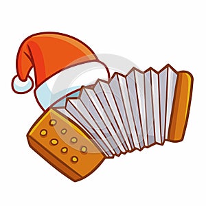 Cute and funny accordion wearing Santa`s hat for christmas musical performance