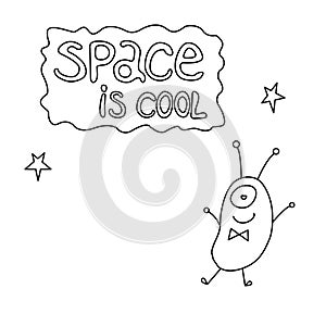 Cute funny alien. Design element, icon on the theme of UFO, space. Doodles vector illustration