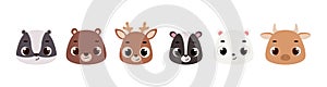 Cute funny animal heads. Woodland cartoon animal characters for baby print design, baby shower celebration, greeting and