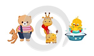 Cute funny animals characters in different actions, bear with a teddy bear, giraffe in a red scarf, duckling bathing in