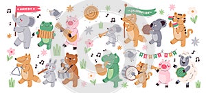 Cute funny animals marching parade music festival celebration playing musical instrument set