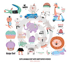 Cute Funny Animals and Motivated Wishes Set