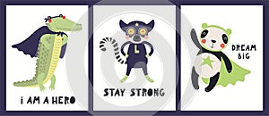 Cute funny animals superheroes posters collection