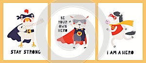 Cute funny animals superheroes posters collection