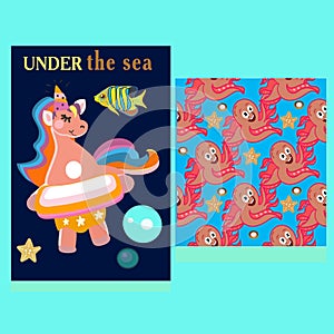 Cute . Funny animals. unicorn, octopus. Vector illustration for children