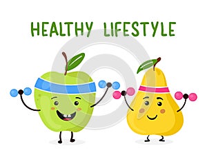 Cute funny apple and pear fruit with dumbbells. Fruits gym concept. Vector hand drawn cartoon kawaii character