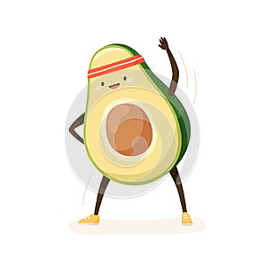 Cute and funny avocado doing fitness or sports exercises. Happy comic fruit in retro sweatband working out. Colored flat photo