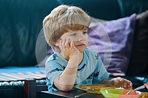 Cute funny babies eating, kids food, Kid boy eating healthy food.