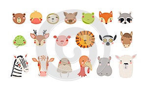 Cute funny baby animals faces illustrations set.