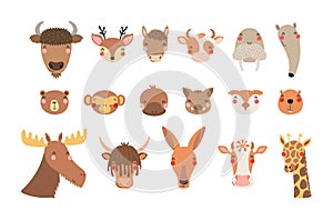 Cute funny baby animals faces illustrations set.