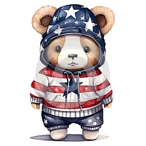 Cute Funny Baby Bear Wearing American Flag Clipart Illustration AI Generative