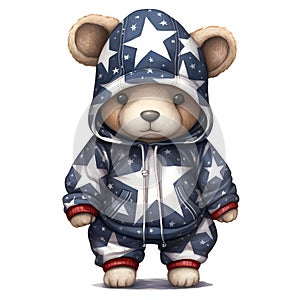 Cute Funny Baby Bear Wearing American Flag Clipart Illustration AI Generative