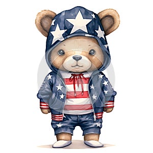 Cute Funny Baby Bear Wearing American Flag Clipart Illustration AI Generative