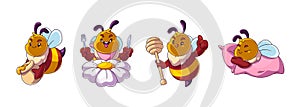 Cute and funny baby bee character set with honey