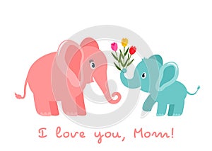 Cute funny baby elephant gives a heart bouquet of tulips flowers. greeting card. Mother`s Day holiday concept. flat vector