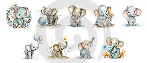 Cute funny baby elephants with flowers and hearts smile and play. Watercolor clipart
