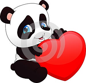 Cute funny baby panda and red heart