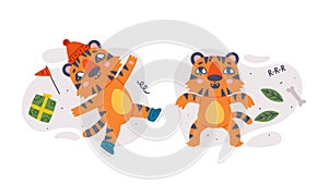 Cute funny baby tigers set. Striped jungle wildcat characters celebrating New Year holiday cartoon vector illustration