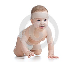 Cute funny baby weared diaper crawling isolated on white