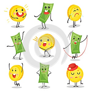 Cute funny banknotes and coins humanized characters showing various emotions set, money and finance concept cartoon