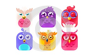 Cute funny birds set, colorful glossy birdies vector Illustration