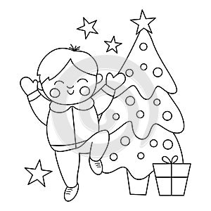 Cute funny black and white boy standing near decorated fir tree, stars, gifts. Vector winter holiday outline illustration. New