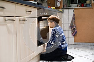 Cute funny blond kid boy baking muffins in domestic kitchen. Child having fun with helping, sitting near ofen and