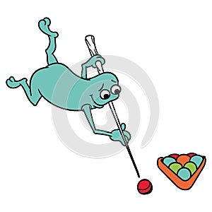 cute funny blue alien playing pool, isolated vector image, on a white background