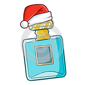 Cute and funny blue perfume wearing Santa`s hat in doodle style