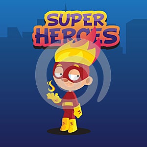 Cute funny boy character in colorful superhero costume cartoon vector Illustration on a blue urban background