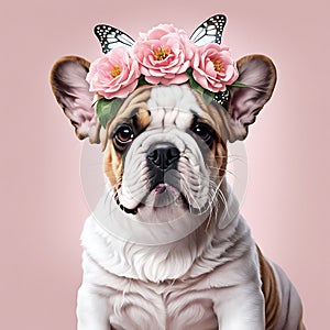 Cute funny bulldog puppy with a wreath of pink flowers on his head and butterfly wings