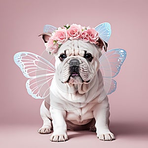 Cute funny bulldog puppy with a wreath of pink flowers on his head and butterfly wings