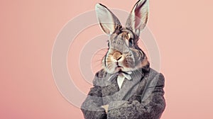 Cute funny bunny in a suit looking at the camera on pink background, animal, creative concept